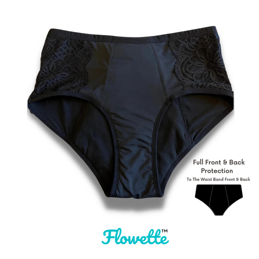 Flowette Super Plus Heavy Flow Period Underwear In Black with Protection to the waist band front and back. Lacey style. full brief