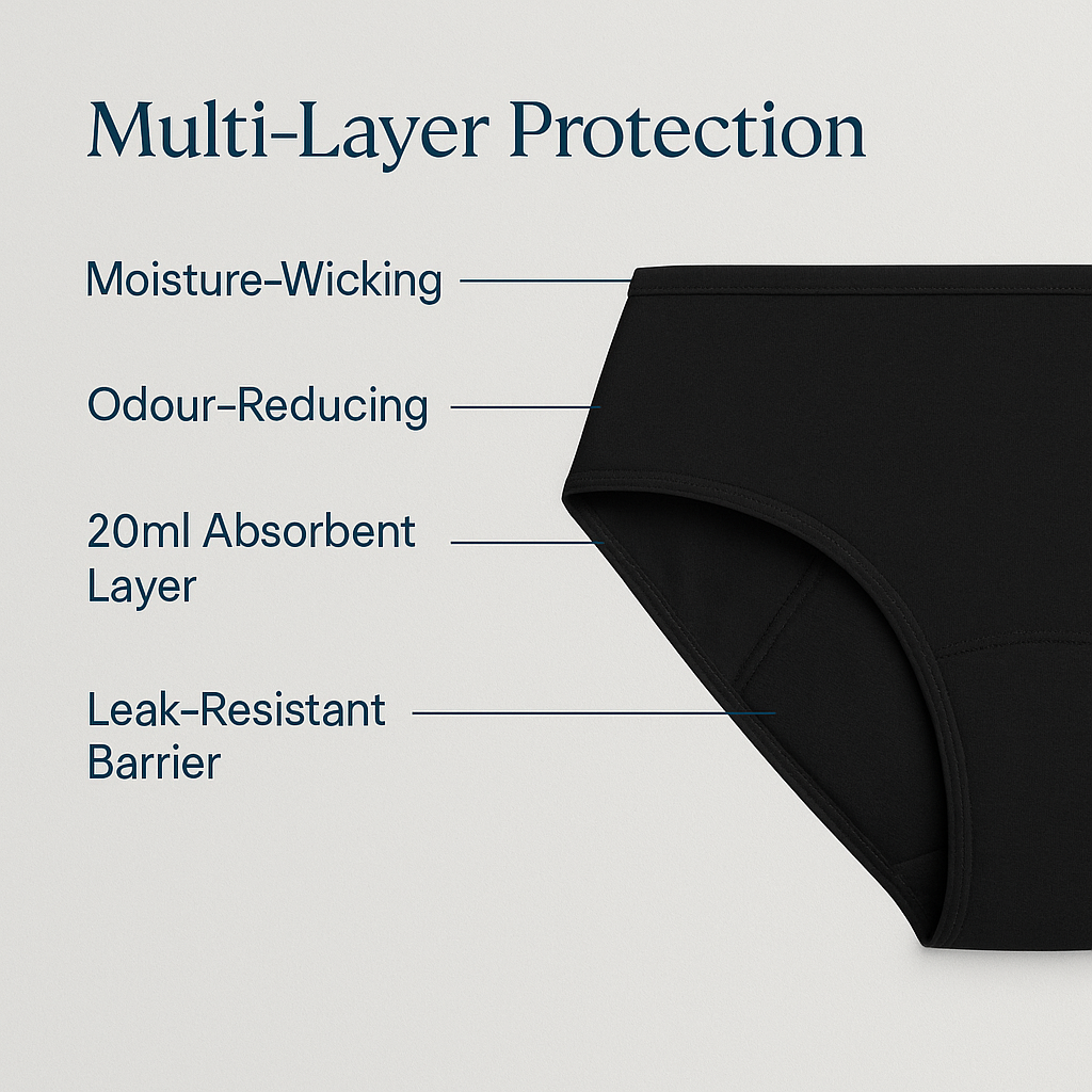 Comfy Cotton™ Dailys Period Underwear Black– All-Month Everyday Protection (20ml Absorbency)